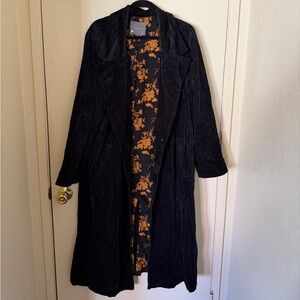 Anthropologie Black Velvet Coat with Mustard Floral Lining